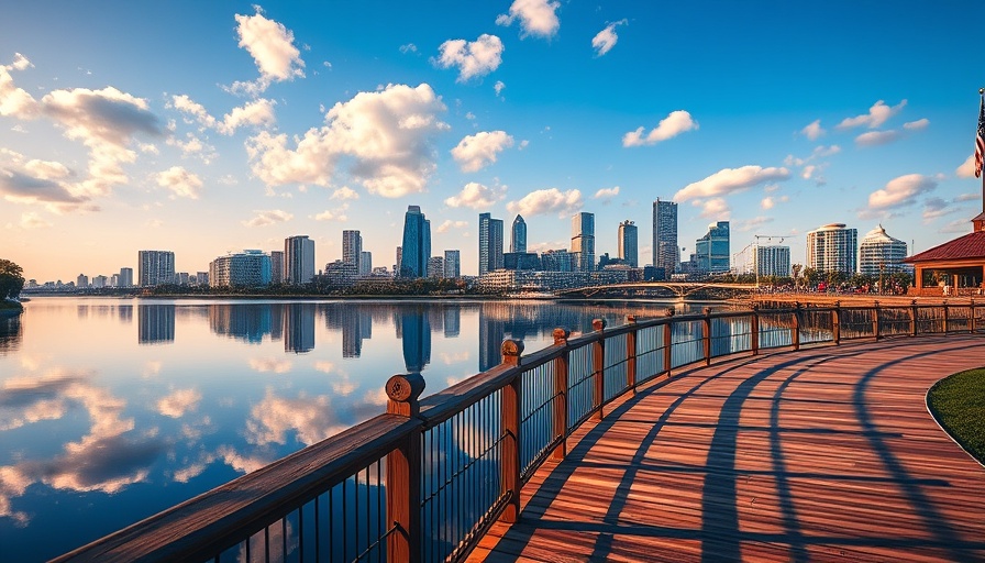 Vibrant Orlando skyline reflecting in a lake, blue sky. September 2025.