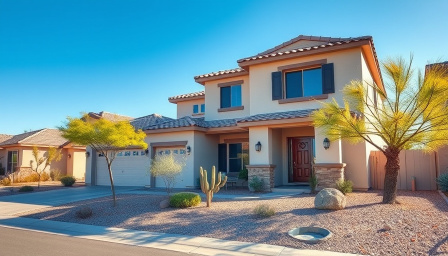 Suburban two-story house with desert landscaping under clear sky.