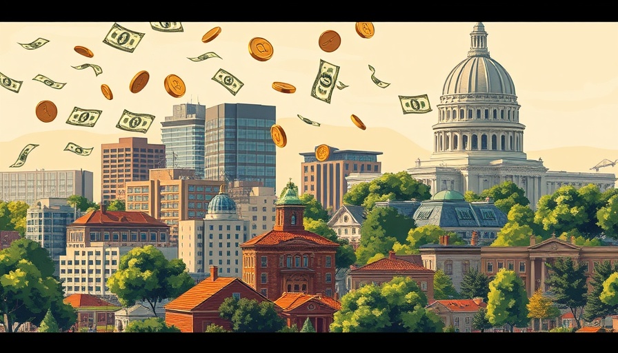 Stylized housing funding illustration with buildings and money.
