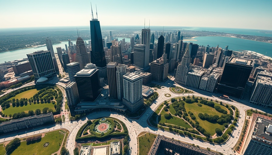 Aerial view of Chicago skyline and lakefront under clear sky.