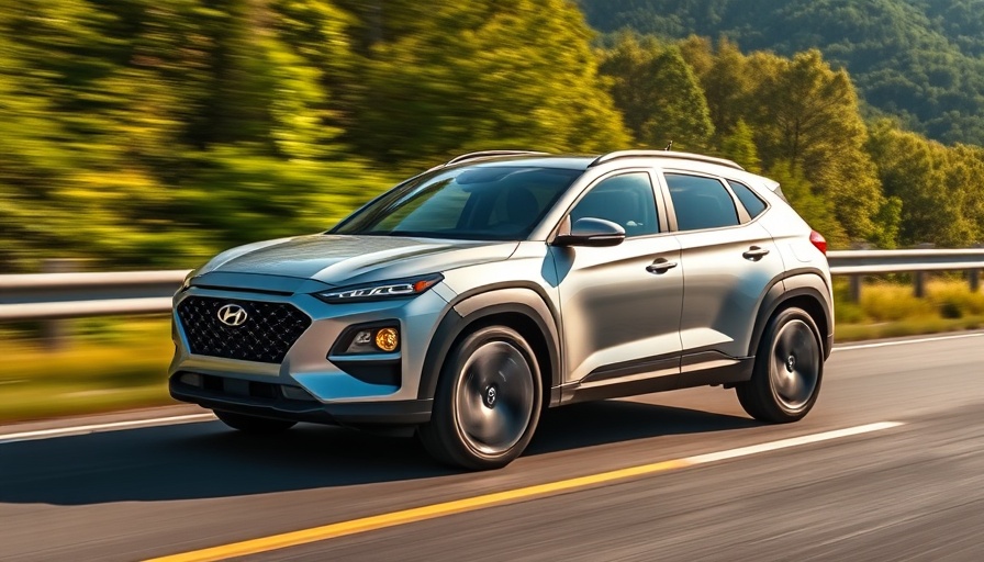 Futuristic 2027 Hyundai Tucson driving on a scenic highway.
