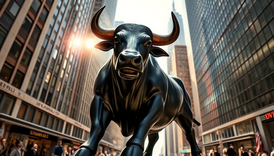 Bull symbolizing market surge in a financial district street.