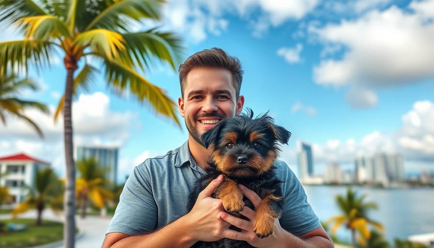 Darin Tansey luxury agent Miami smiling with dog under palm trees.