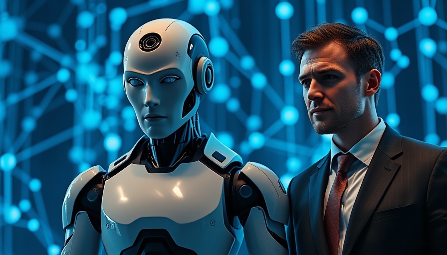 AI home search experience with a futuristic humanoid robot in a digital network.