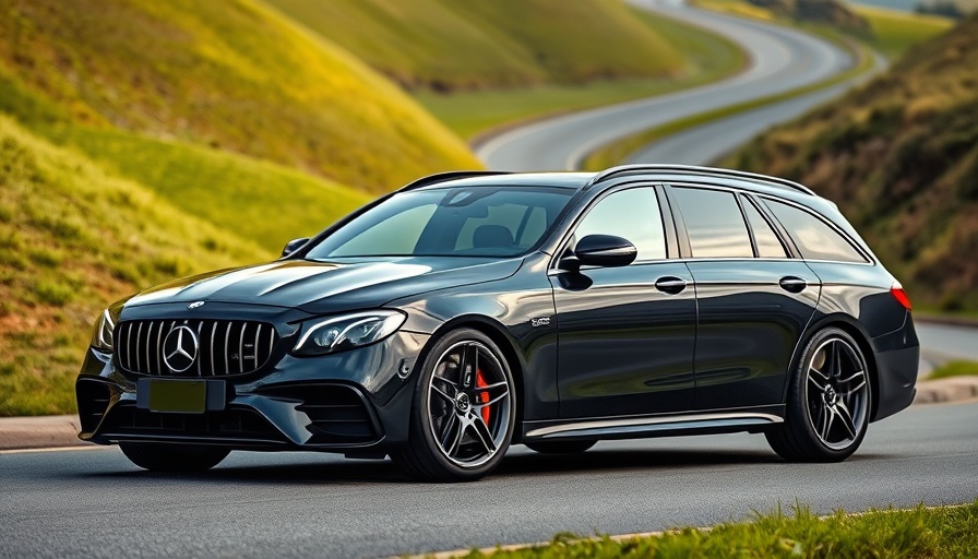 AMG E53 Hybrid Wagon on winding road with hills.