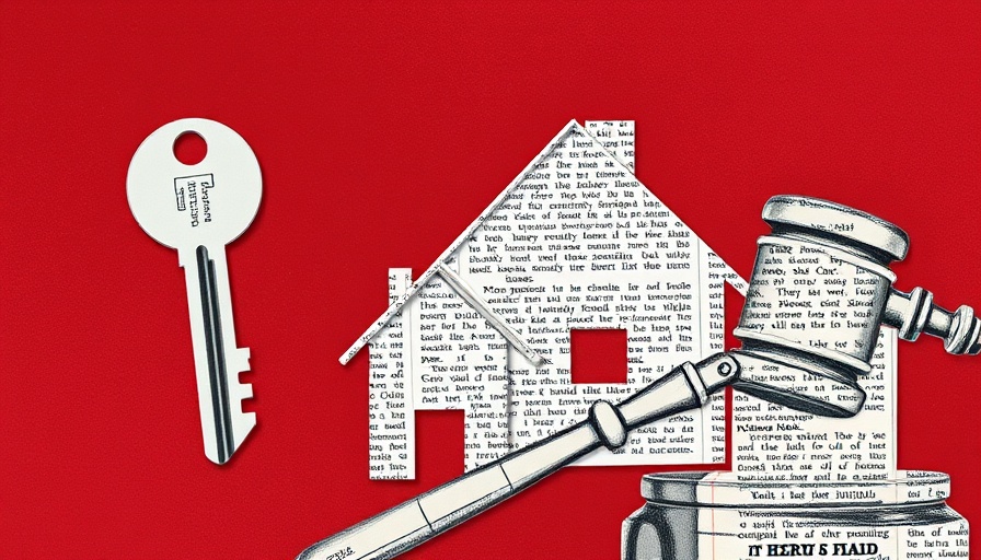 Mortgage fraud collage with key, house, and gavel on dark red background.