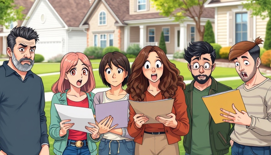 Shocked individuals reading documents in front of a 'For Sale' house, real estate news.