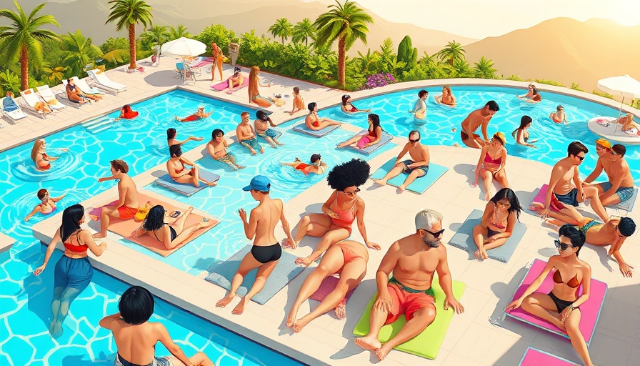 Vibrant resort activities illustration with diverse crowd, Airbnb for everything rentals.