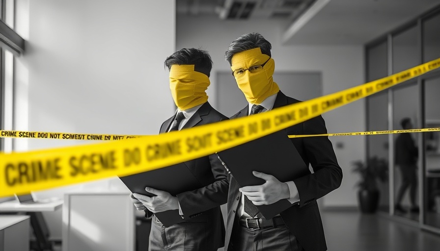Crime scene tape over two people holding folders, symbolizing caution for real estate agents.