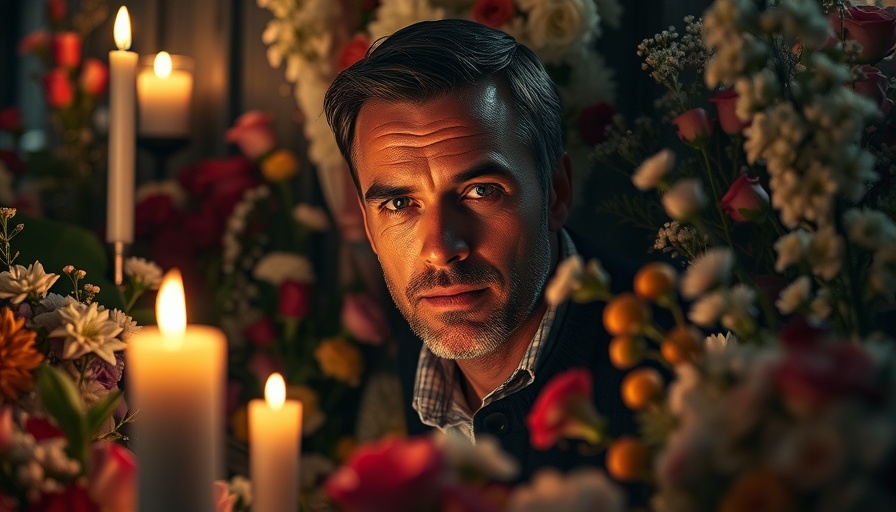 Memorial scene with flowers and portrait, solemn atmosphere.