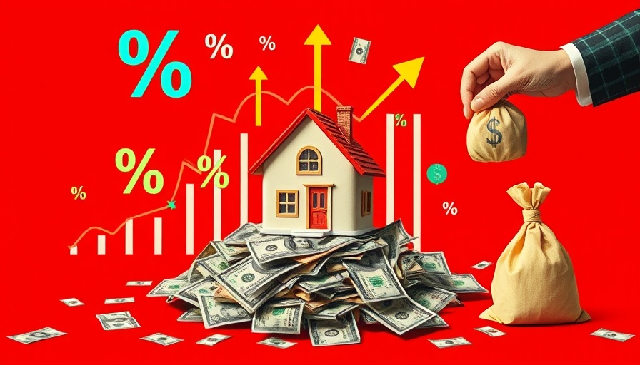 Home equity concept with house, money, and financial symbols on red backdrop.