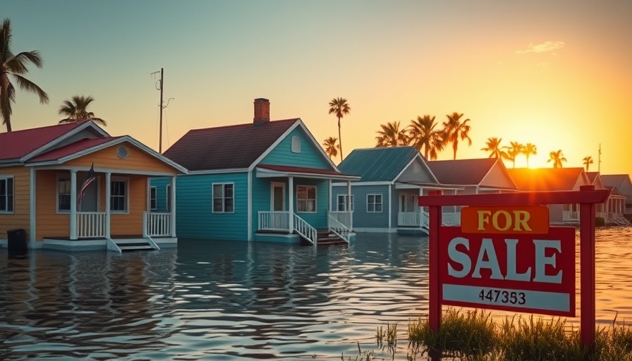 Flooded Florida homes with for-sale sign at sunset.