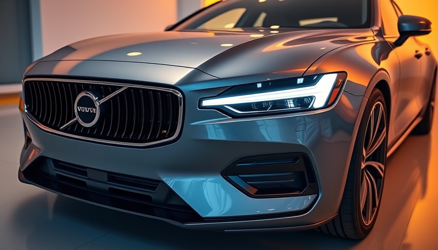 Volvo car in studio, highlighting futuristic design, LED lights.