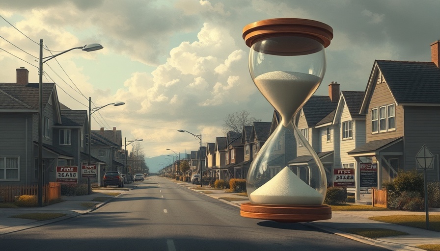 Surreal scene of hourglass in suburban street symbolizing Mississippi housing market slowdown.