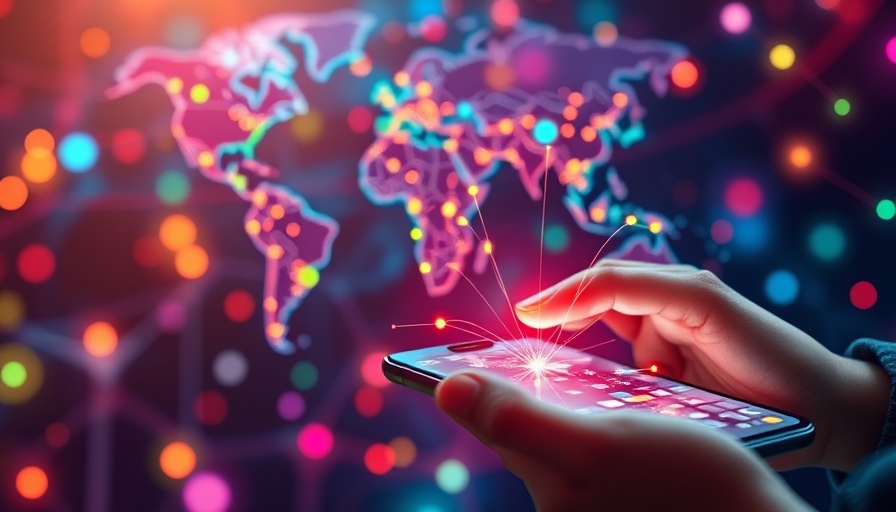 Digital network with glowing nodes and smartphone, futuristic concept.