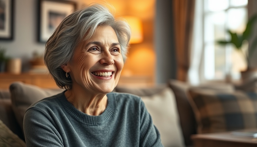 Middle-aged woman discussing understanding aging skin in a cozy living room.