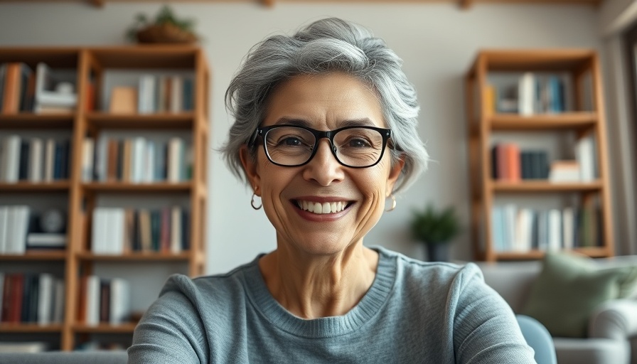 Confident middle-aged woman discussing aging with confidence, smiling in a video call.
