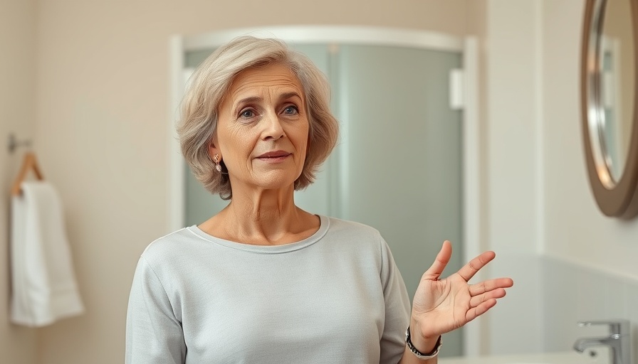 Middle-aged woman explaining neck care tips in a bathroom setting.