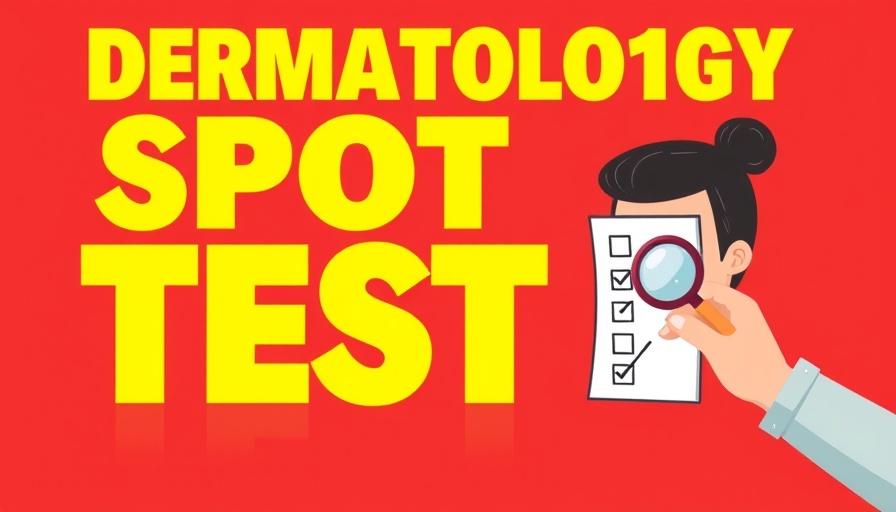 Dermatology Spot Test quiz logo with checklist and magnifying glass on a red background.
