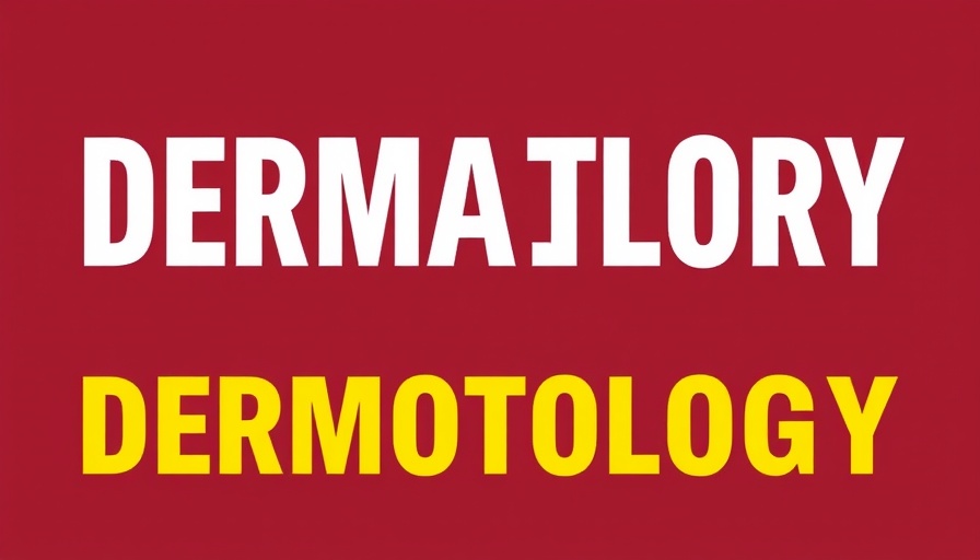 Dermatology-themed spot test graphic on maroon background.