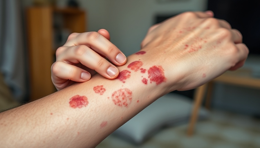 Close-up of psoriasis lesions on an arm illustrating genetic backgrounds of psoriasis.