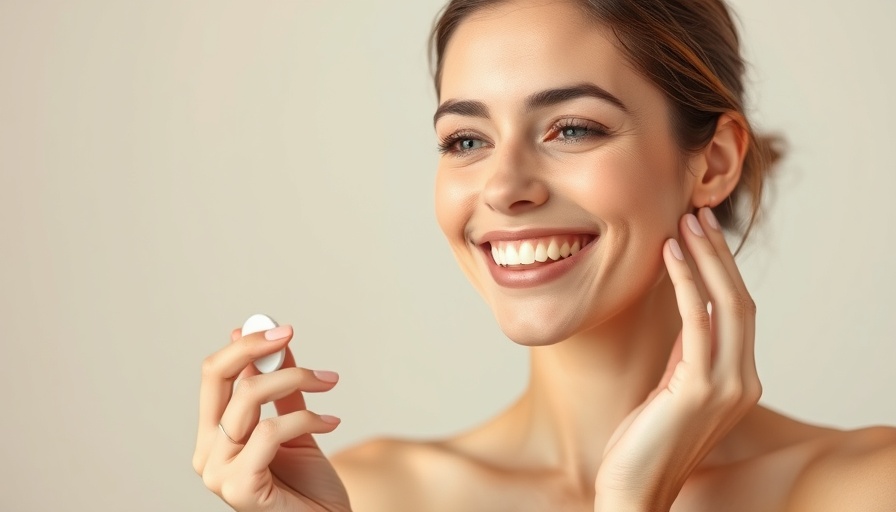 Woman applying Korean moisturizer, smiling softly, skincare focus.