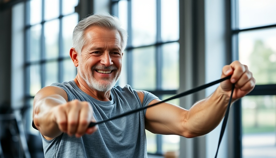 Older man exercises with resistance band assisted by a trainer.