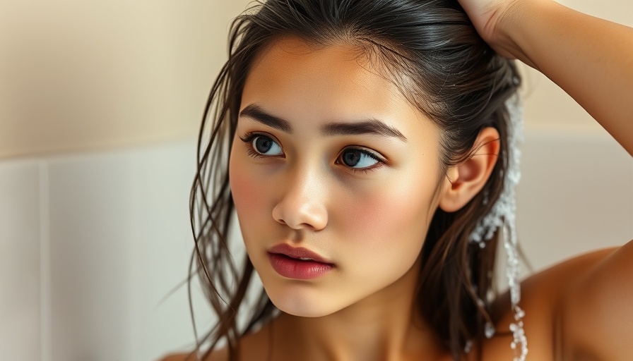 Young woman using shampoo in a minimalist bathroom.