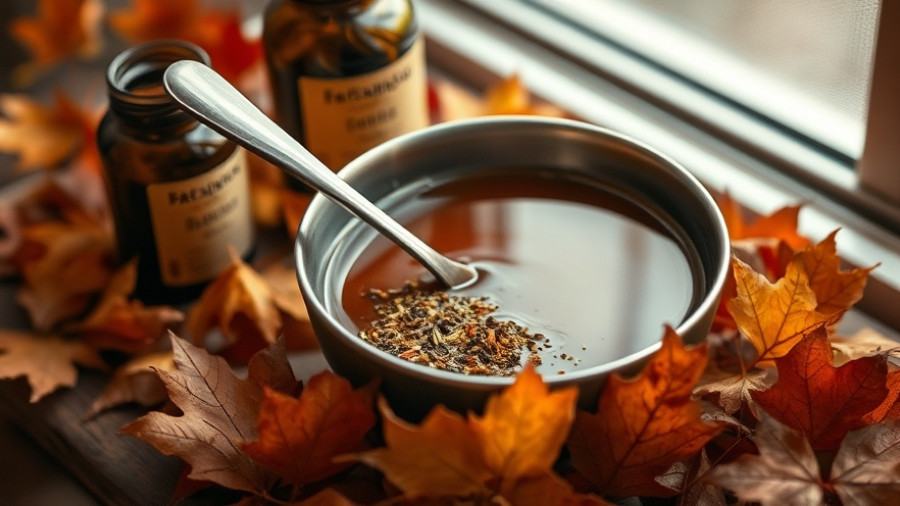 Natural supplements in metal bowl with herbal liquid.