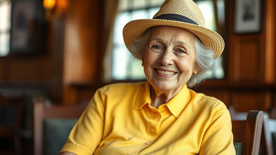 Elderly woman smiling confidently in warm indoor setting.
