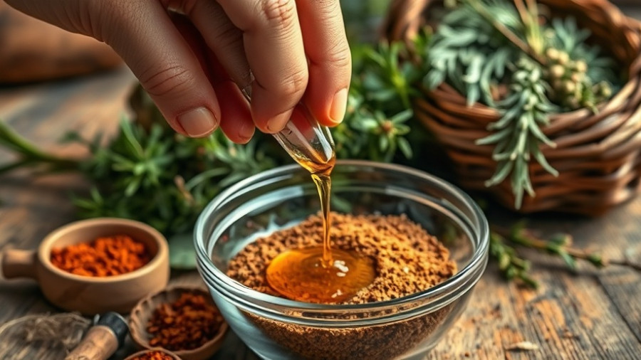 Hand creating herbal remedies Gig Harbor style in a rustic setting.