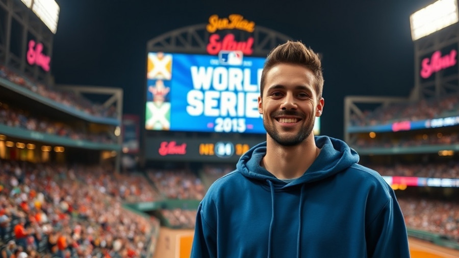 Casual man at baseball stadium during World Series.
