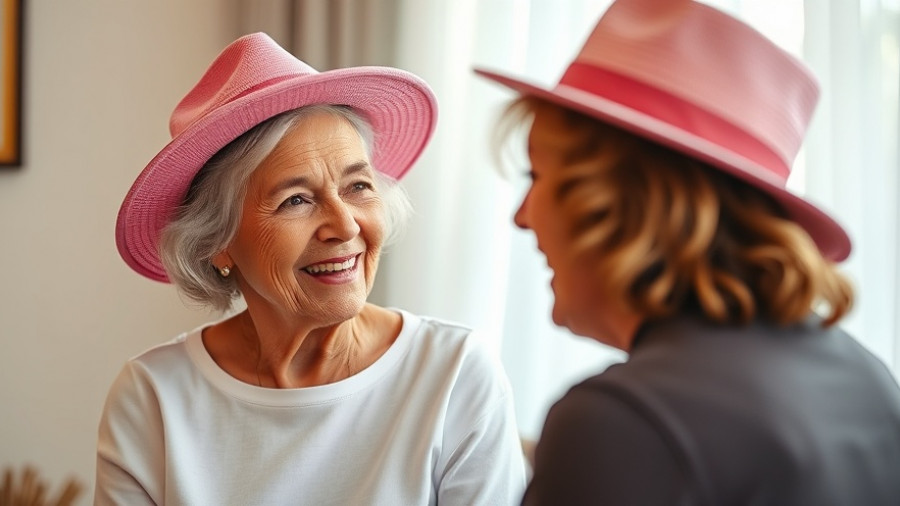 Elderly woman in pink hat smiling indoors, guided meditation Gig Harbor.