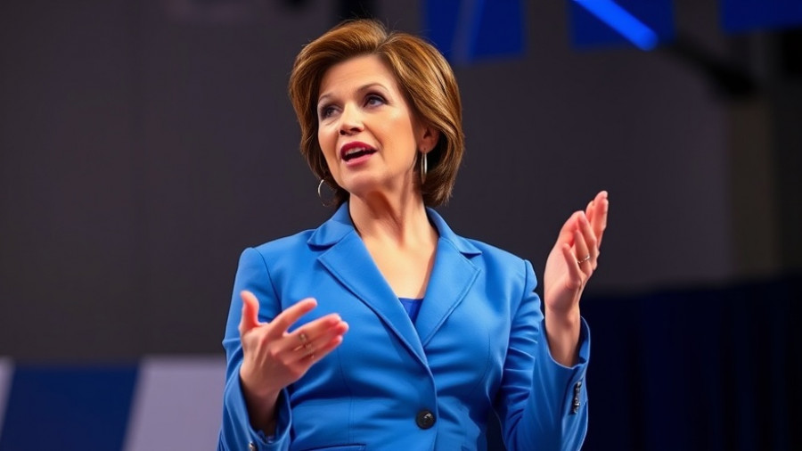 Confident woman speaking on stage about the power of self-praise.