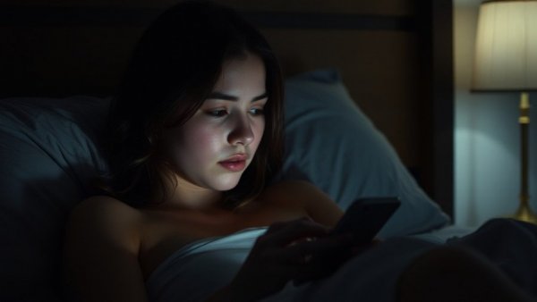 Young woman using phone in dark room, related to nighttime skincare routine.