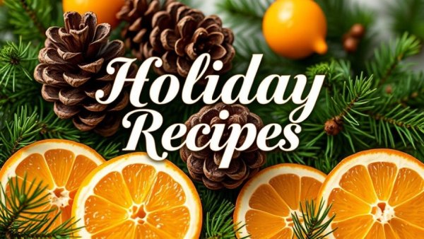Festive holiday recipes ad with oranges and greenery.