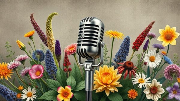 Herbal remedies Gig Harbor: vintage microphone with herbal illustrations.