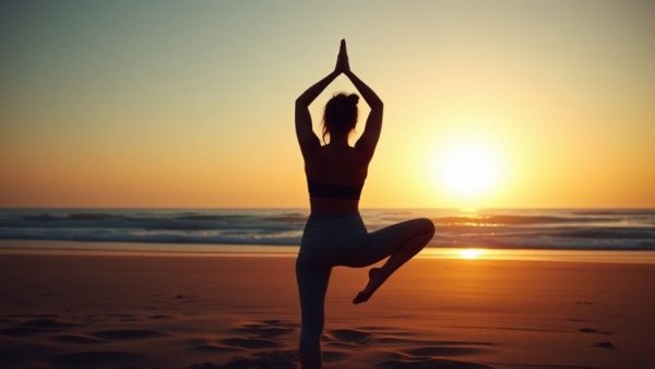 Woman practicing mindfulness yoga on a beach at sunrise