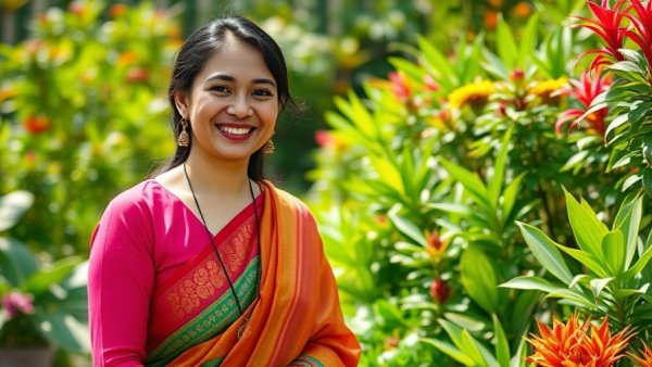 Radiant woman in a garden promoting Ayurvedic Medicine.