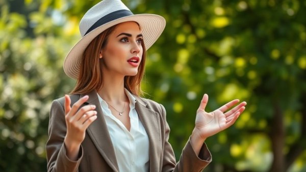 Confident woman speaking with trust yourself message in lush outdoor setting.