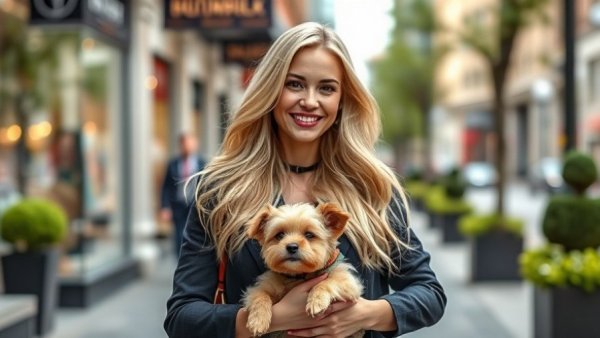 Chic woman walking in city with a dog, promoting medspa Gig Harbor