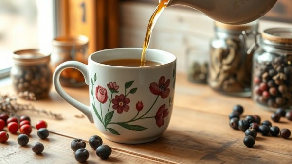 Herbal tea pouring into floral mug, herbal remedies Gig Harbor.