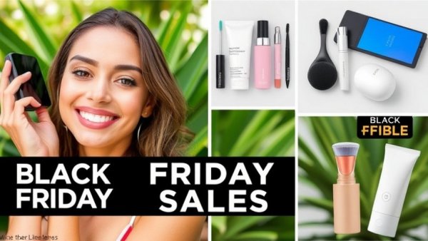 Black Friday beauty devices promotion with smiling woman and products.