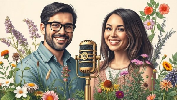 Herbal remedies podcast poster with hosts and microphone, Gig Harbor.