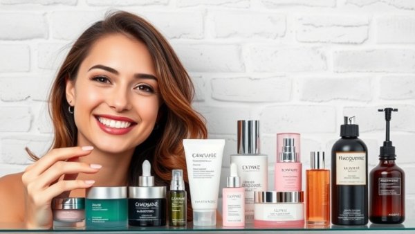 Skincare products display with smiling woman for Black Friday deals