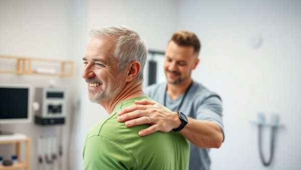 Therapist performing back pain treatment on man in clinic.