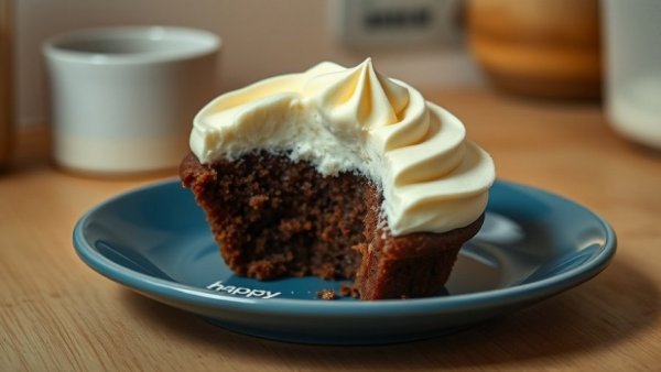 Partially eaten cupcake on plate with 'happy' text, mind-body connection Gig Harbor.