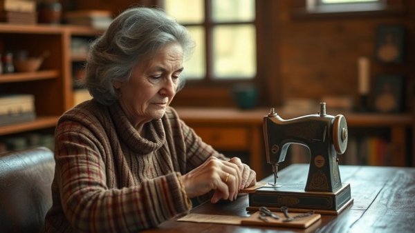 Middle-aged woman sewing at a table in a cozy Gig Harbor setting, supporting small businesses.