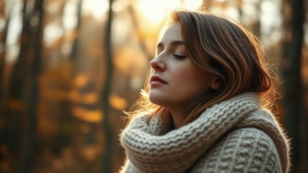 Thoughtful woman enjoying autumn outdoors.