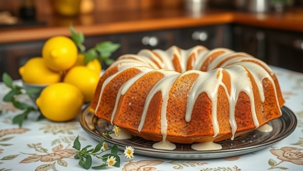 Lemon poppy seed bundt cake recipe with glaze and lemons.